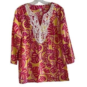 Pappagallo Vibrant Pink and Yellow Leaf Print Tunic with crocheted neckline med
